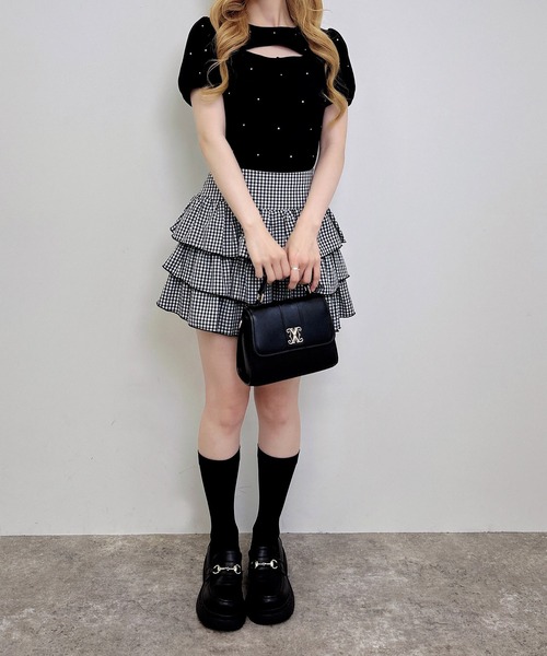 INGNI(イング)の「ラインストーン飛ばしデコルテオープンリボンリブトップス(Tシャツ/カットソー・レディース・オフホワイト/ブラック/ライトピンク・M)」の15枚目の写真