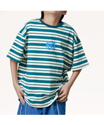 KRNR（クルナル）の「RIGHT ヘビーオーバーサイズマルチストライプジュニア半袖Tシャツ_グリーン（Tシャツ/カットソー）」