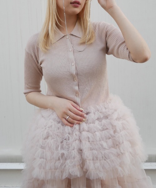 HONEY MI HONEY(ハニーミーハニー)の「tulle peplum short sleeve cardigan(カーディガン/ボレロ・レディース・グレー/ブラック/ピンクベージュ・FREE)」の3枚目の写真