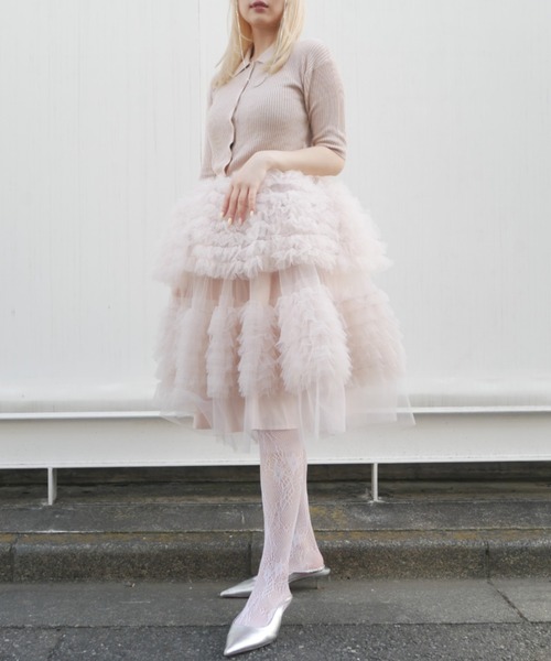 HONEY MI HONEY(ハニーミーハニー)の「tulle peplum short sleeve cardigan(カーディガン/ボレロ・レディース・グレー/ブラック/ピンクベージュ・FREE)」の11枚目の写真