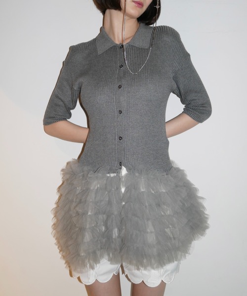 HONEY MI HONEY(ハニーミーハニー)の「tulle peplum short sleeve cardigan(カーディガン/ボレロ・レディース・グレー/ブラック/ピンクベージュ・FREE)」の12枚目の写真