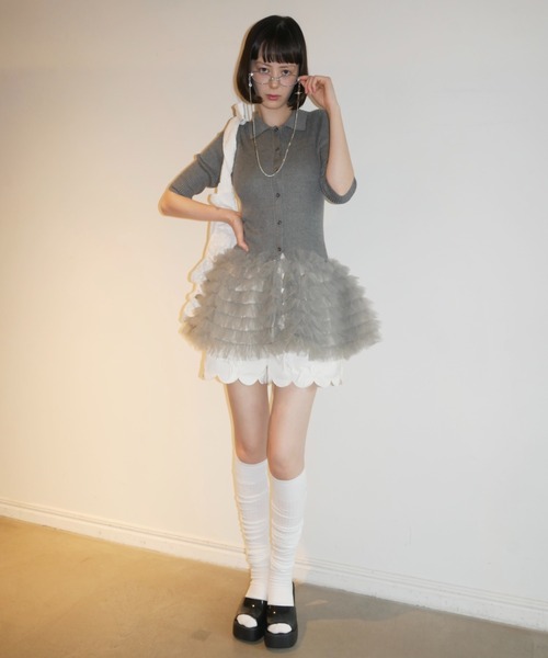 HONEY MI HONEY(ハニーミーハニー)の「tulle peplum short sleeve cardigan(カーディガン/ボレロ・レディース・グレー/ブラック/ピンクベージュ・FREE)」の14枚目の写真