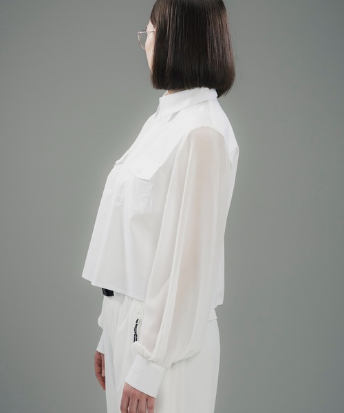 +phenix（プラスフェニックス）の「+phenix(プラスフェニックス)SHEER SLEEVE CROPPED SHIRT / シアースリーブ クロップドシャツ（シャツ/ブラウス・レディース・ブラック/ホワイト/ベージュ・M/L）」の7枚目の写真