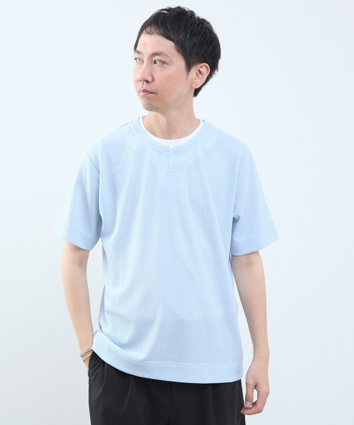 MEN'S MELROSE(メンズメルローズ)の「リンクスストライプ フェイクレイヤードキーネックTシャツ(Tシャツ/カットソー・メンズ・ライトグレー/ブルー/ネイビー・2/3/4)」の3枚目の写真