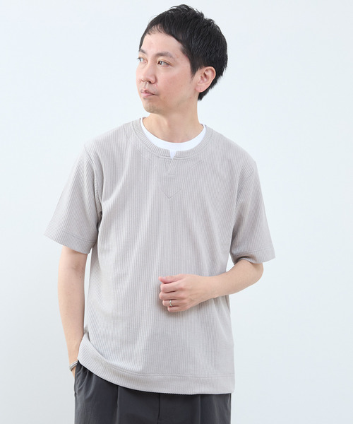 リンクスストライプ フェイクレイヤードキーネックTシャツ（Tシャツ