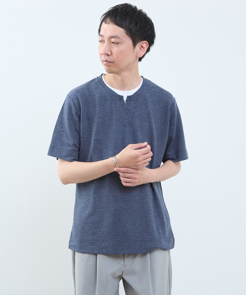 MEN'S MELROSE(メンズメルローズ)の「リンクスストライプ フェイクレイヤードキーネックTシャツ(Tシャツ/カットソー・メンズ・ライトグレー/ブルー/ネイビー・2/3/4)」の12枚目の写真