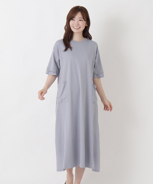one'sterrace(ワンズテラス)の「【ひんやり】コットン天竺 切替コンビ5分袖ワンピース(ワンピース・レディース・ブルー系その他7/グレー系その他7/オリーブ系3・02)」の3枚目の写真