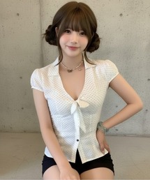 ドットリボンスリムブラウス