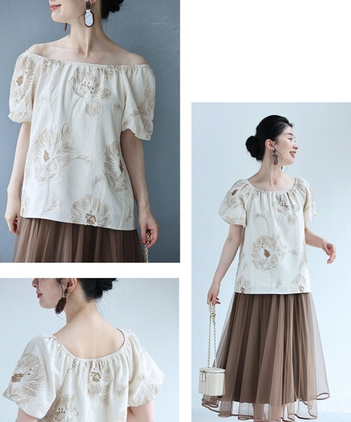 cawaii(カワイイ)の「大輪の花刺繍パフスリーブプルオーバートップス(シャツ/ブラウス・レディース・ベージュ・FREE)」の3枚目の写真
