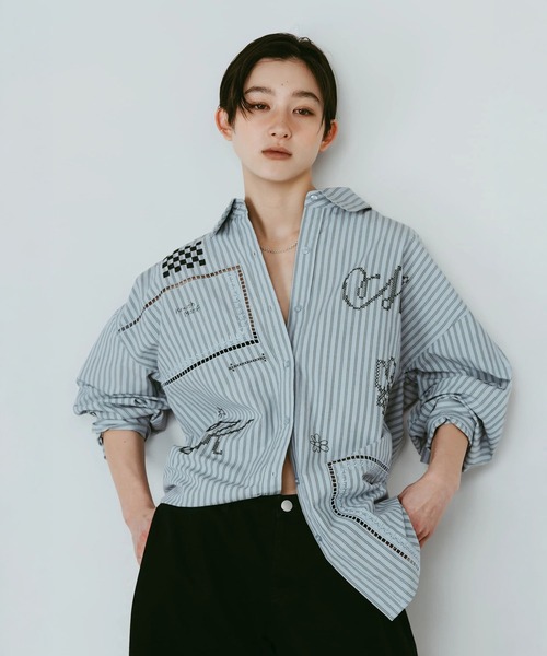 Knuth Marf（クヌースマーフ）の「embroidered shirt(unisex)（シャツ/ブラウス・レディース・ストライプ/アイボリー・FREE）」の22枚目の写真