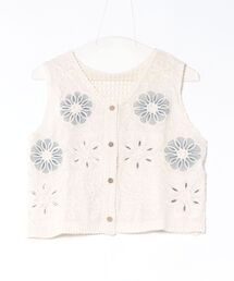 花柄刺繍メッシュニットベストカーディガン