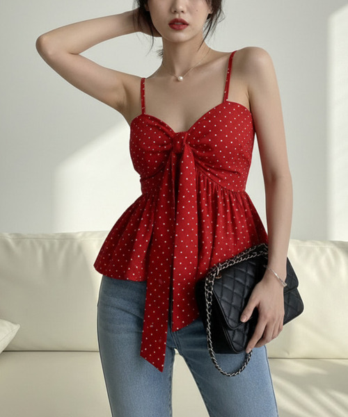VIVID LADY(ビビッドレディー)の「ドットリボン ペプラム カップインキャミトップス(シャツ/ブラウス・レディース・ブラック/レッド/クリーム・FREE)」の5枚目の写真
