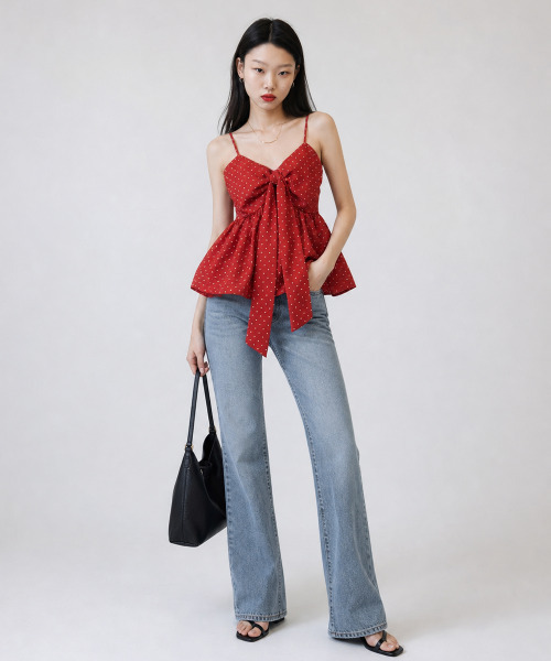 VIVID LADY(ビビッドレディー)の「ドットリボン ペプラム カップインキャミトップス(シャツ/ブラウス・レディース・ブラック/レッド/クリーム・FREE)」の8枚目の写真