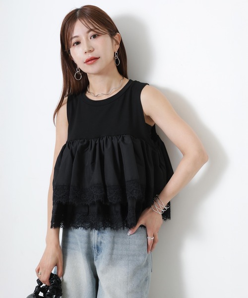 Riberry(リベリー)の「異素材ドッキングティアードレーストップス(シャツ/ブラウス・レディース・ブラウン/オフホワイト/ブラック・FREE)」の7枚目の写真