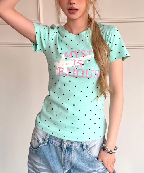 SHEENA(シーナ)の「ドット×スターロゴプリントコンパクトフィット半袖Tシャツ(Tシャツ/カットソー・レディース・ホワイト/ネイビー/ミント・M)」の1枚目の写真