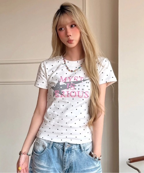 SHEENA(シーナ)の「ドット×スターロゴプリントコンパクトフィット半袖Tシャツ(Tシャツ/カットソー・レディース・ホワイト/ネイビー/ミント・M)」の10枚目の写真