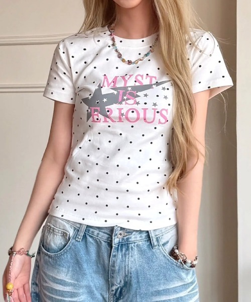 SHEENA(シーナ)の「ドット×スターロゴプリントコンパクトフィット半袖Tシャツ(Tシャツ/カットソー・レディース・ホワイト/ネイビー/ミント・M)」の4枚目の写真