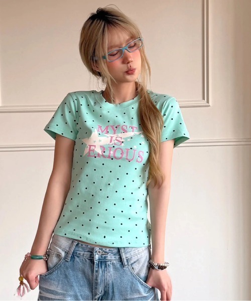 SHEENA(シーナ)の「ドット×スターロゴプリントコンパクトフィット半袖Tシャツ(Tシャツ/カットソー・レディース・ホワイト/ネイビー/ミント・M)」の5枚目の写真