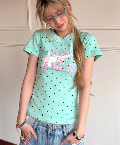 SHEENA(シーナ)の「ドット×スターロゴプリントコンパクトフィット半袖Tシャツ(Tシャツ/カットソー・レディース・ホワイト/ネイビー/ミント・M)」の6枚目の写真