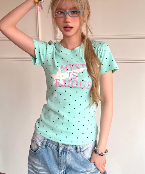 SHEENA(シーナ)の「ドット×スターロゴプリントコンパクトフィット半袖Tシャツ(Tシャツ/カットソー・レディース・ホワイト/ネイビー/ミント・M)」の7枚目の写真
