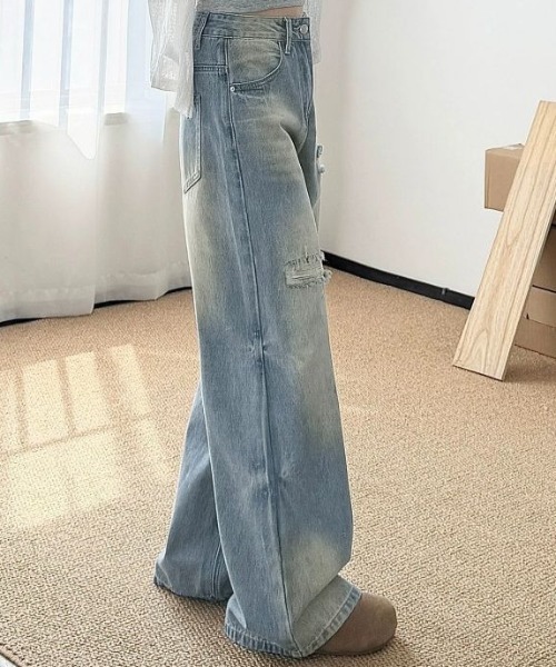 ダメージウォッシュワイドデニムパンツ（デニムパンツ）｜LUCPY
