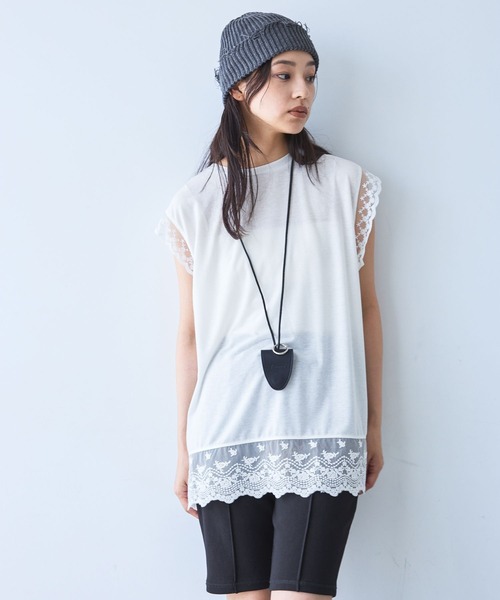 JEANASIS(ジーナシス)の「レースドッキングNS/1054895(Tシャツ/カットソー・レディース・ブラック/ホワイト・FREE)」の1枚目の写真
