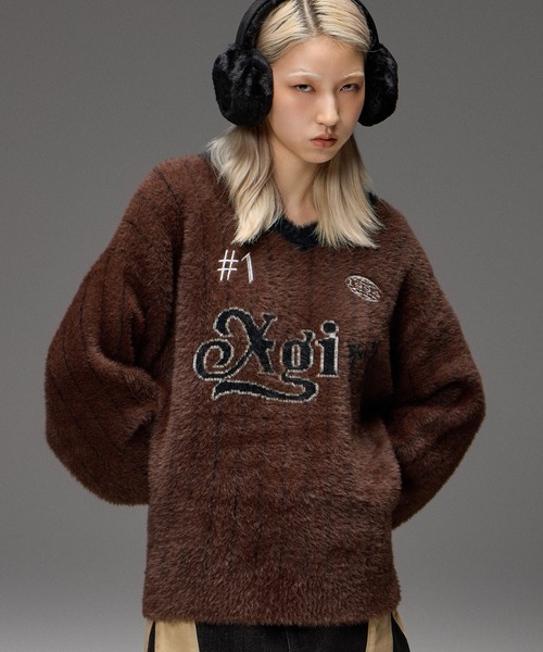 X-girl(エックスガール)の「GAME SHIRT JACQUARD SHAGGY KNIT TOP(ニット/セーター・レディース・ブラウン/ブラック・ONE SIZE)」の2枚目の写真