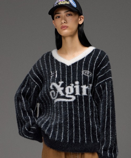 X-girl(エックスガール)の「GAME SHIRT JACQUARD SHAGGY KNIT TOP(ニット/セーター・レディース・ブラウン/ブラック・ONE SIZE)」の1枚目の写真