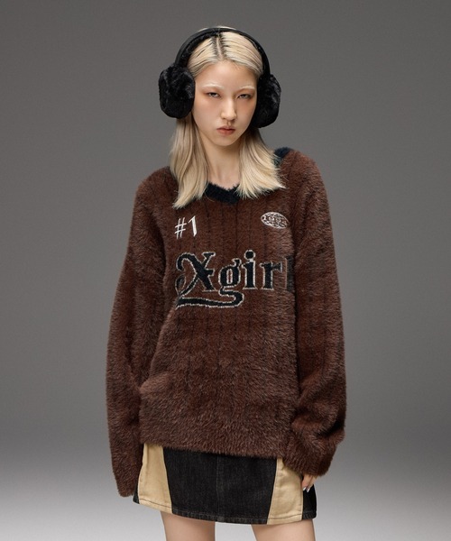 X-girl(エックスガール)の「GAME SHIRT JACQUARD SHAGGY KNIT TOP(ニット/セーター・レディース・ブラウン/ブラック・ONE SIZE)」の7枚目の写真