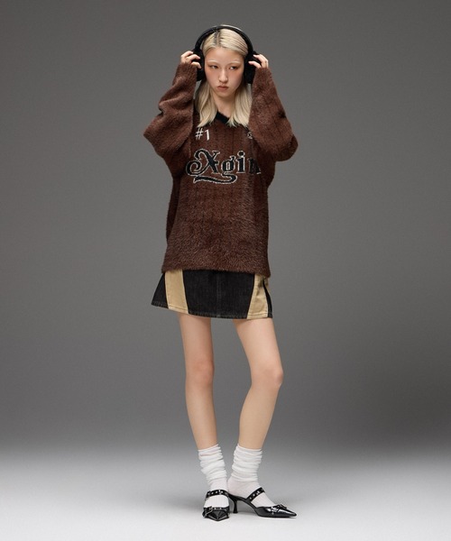X-girl(エックスガール)の「GAME SHIRT JACQUARD SHAGGY KNIT TOP(ニット/セーター・レディース・ブラウン/ブラック・ONE SIZE)」の9枚目の写真