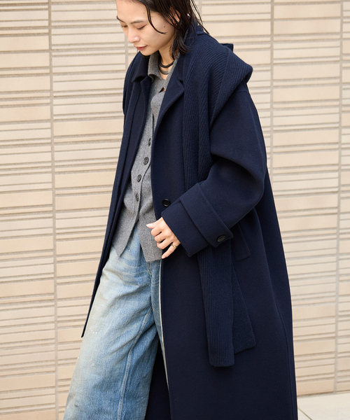 JOURNAL STANDARD（ジャーナルスタンダード）の「《追加》ヤクウールリバーバルカラーコート（ステンカラーコート・レディース・ネイビー/ブラウン・38/36）」の2枚目の写真