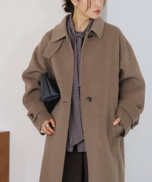 JOURNAL STANDARD（ジャーナルスタンダード）の「《追加》ヤクウールリバーバルカラーコート（ステンカラーコート・レディース・ネイビー/ブラウン・38/36）」の7枚目の写真