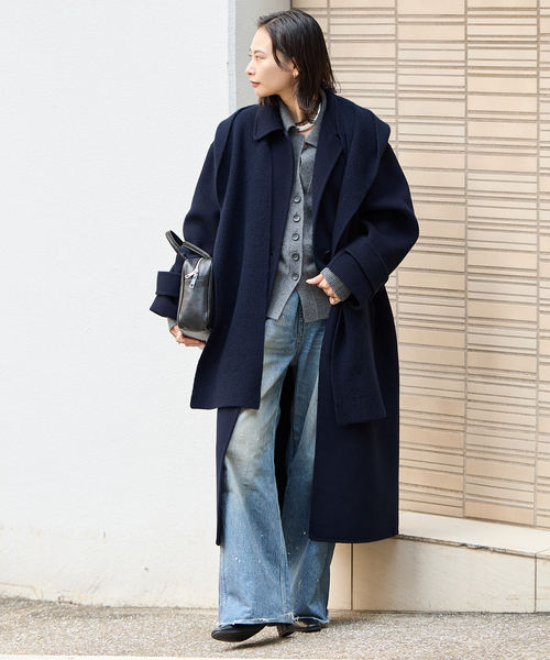 JOURNAL STANDARD（ジャーナルスタンダード）の「《追加》ヤクウールリバーバルカラーコート（ステンカラーコート・レディース・ネイビー/ブラウン・38/36）」の11枚目の写真