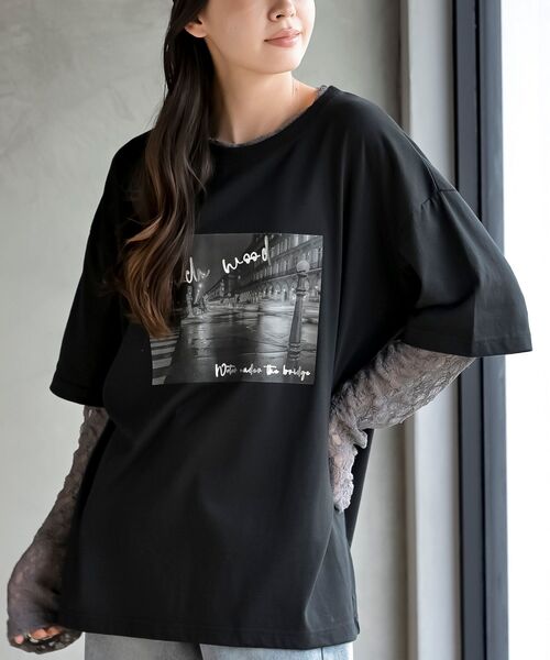 rps(アールピーエス)の「レースレイヤード風長袖T(Tシャツ/カットソー・レディース・チャコールグレー/ブラック/オフホワイト・フリー)」の1枚目の写真