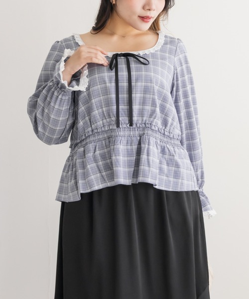 CLETTE(クレット)の「チェック柄レース切替ブラウス(シャツ/ブラウス・レディース・ブラック/サックスブルー/ブラウン・LL/4L/3L)」の1枚目の写真