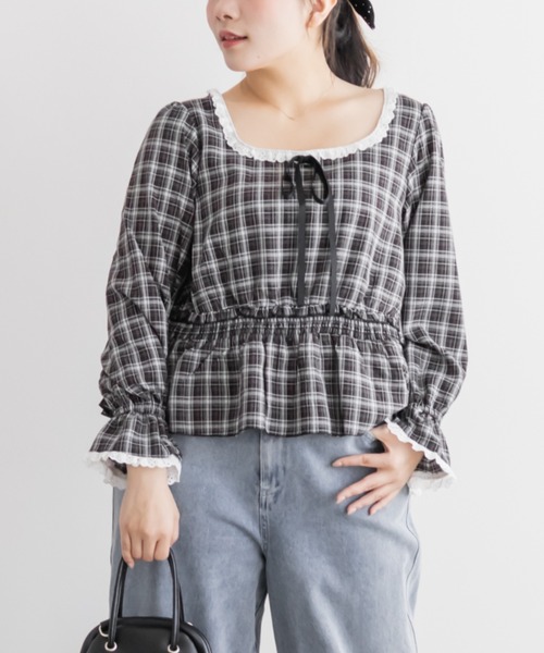 CLETTE(クレット)の「チェック柄レース切替ブラウス(シャツ/ブラウス・レディース・ブラック/サックスブルー/ブラウン・LL/4L/3L)」の2枚目の写真