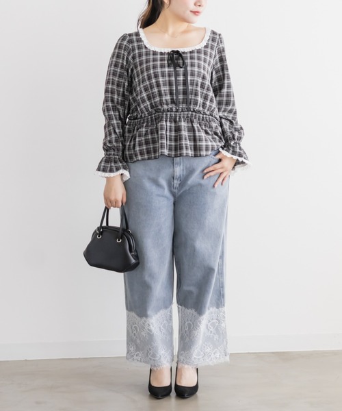 CLETTE(クレット)の「チェック柄レース切替ブラウス(シャツ/ブラウス・レディース・ブラック/サックスブルー/ブラウン・LL/4L/3L)」の6枚目の写真