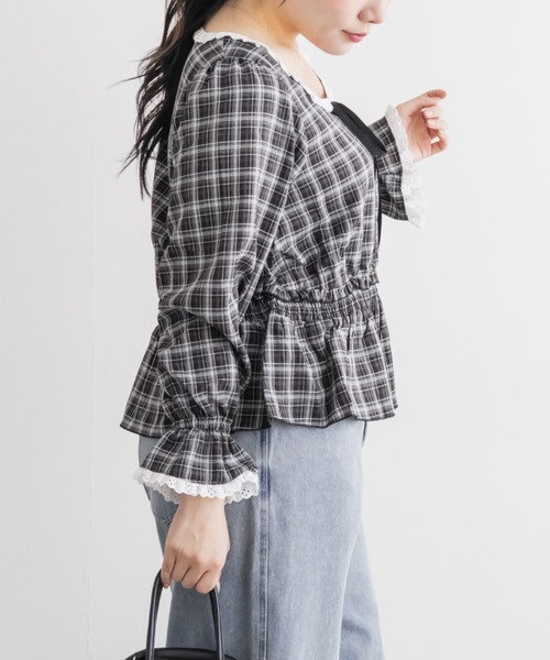 CLETTE(クレット)の「チェック柄レース切替ブラウス(シャツ/ブラウス・レディース・ブラック/サックスブルー/ブラウン・LL/4L/3L)」の5枚目の写真