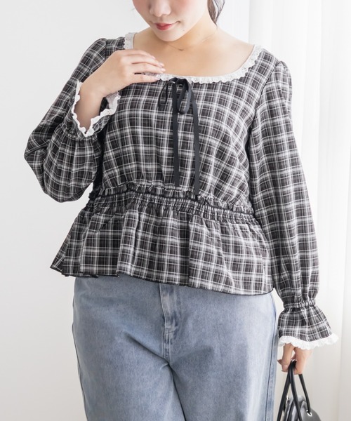 CLETTE(クレット)の「チェック柄レース切替ブラウス(シャツ/ブラウス・レディース・ブラック/サックスブルー/ブラウン・LL/4L/3L)」の4枚目の写真