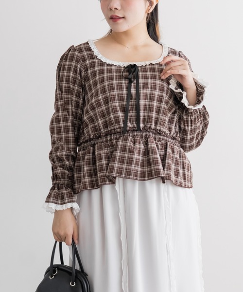 CLETTE(クレット)の「チェック柄レース切替ブラウス(シャツ/ブラウス・レディース・ブラック/サックスブルー/ブラウン・LL/4L/3L)」の9枚目の写真