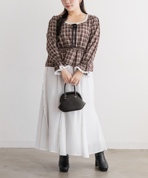 CLETTE(クレット)の「チェック柄レース切替ブラウス(シャツ/ブラウス・レディース・ブラック/サックスブルー/ブラウン・LL/4L/3L)」の11枚目の写真