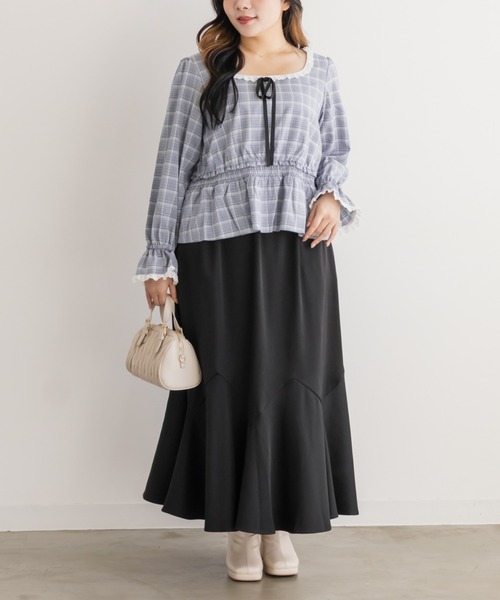 CLETTE(クレット)の「チェック柄レース切替ブラウス(シャツ/ブラウス・レディース・ブラック/サックスブルー/ブラウン・LL/4L/3L)」の14枚目の写真