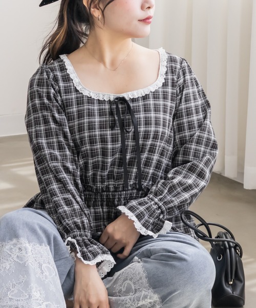 CLETTE(クレット)の「チェック柄レース切替ブラウス(シャツ/ブラウス・レディース・ブラック/サックスブルー/ブラウン・LL/4L/3L)」の8枚目の写真
