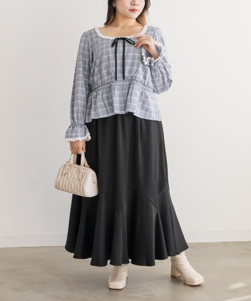 CLETTE(クレット)の「チェック柄レース切替ブラウス(シャツ/ブラウス・レディース・ブラック/サックスブルー/ブラウン・LL/4L/3L)」の15枚目の写真