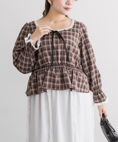 CLETTE(クレット)の「チェック柄レース切替ブラウス(シャツ/ブラウス・レディース・ブラック/サックスブルー/ブラウン・LL/4L/3L)」の10枚目の写真