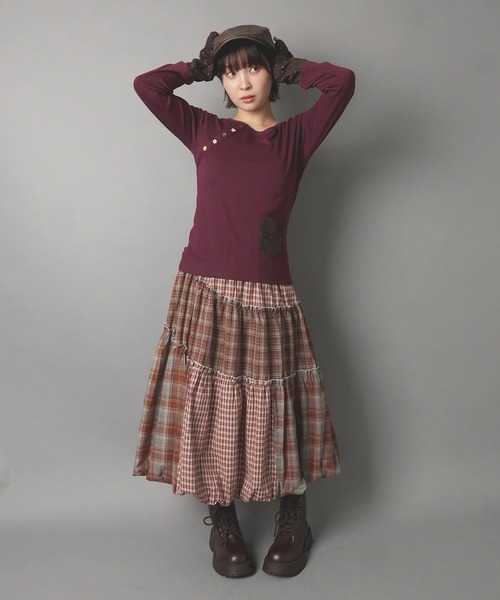 SPINNS(スピンズ)の「バルーンロングスカート/チェック柄ドッキング/NEO森ガール(スカート・レディース・レッド/ブラウン・ONESIZE)」の12枚目の写真