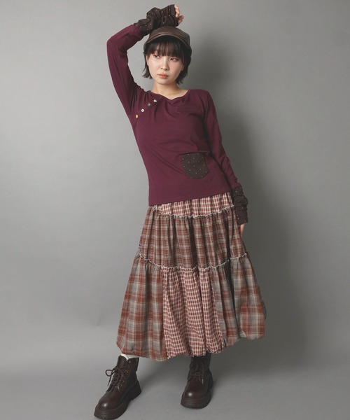 SPINNS(スピンズ)の「バルーンロングスカート/チェック柄ドッキング/NEO森ガール(スカート・レディース・レッド/ブラウン・ONESIZE)」の10枚目の写真