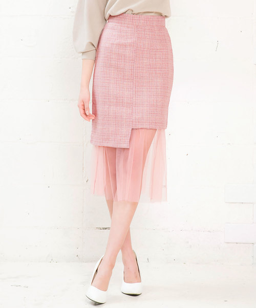 裾チュールレース切り替えグレンチェック柄アシンメトリータイトスカート