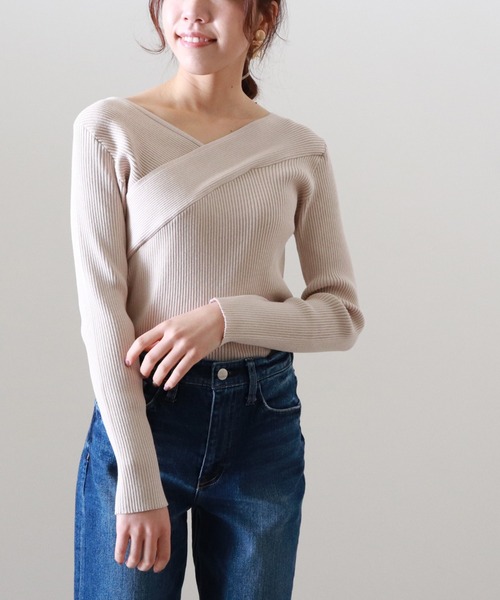 Cheek（チーク）の「カシュクールリブニット（ニット/セーター・レディース・キャメル/アイボリー/グレー・MEDIUM）」の2枚目の写真