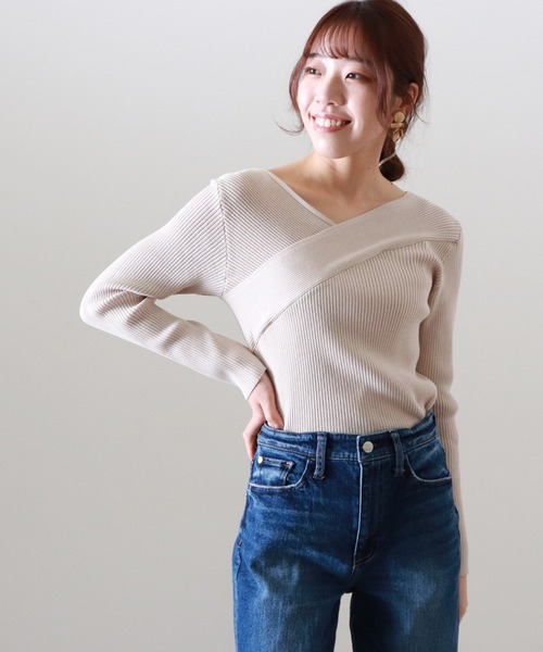 Cheek（チーク）の「カシュクールリブニット（ニット/セーター・レディース・キャメル/アイボリー/グレー・MEDIUM）」の11枚目の写真